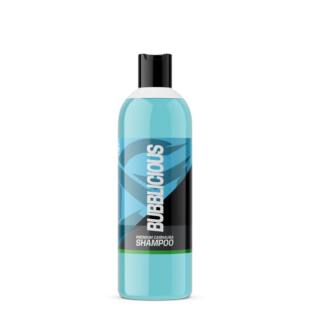 A bottle of Bubblicous Premium Carnauba Shampoo with a black cap and a label featuring a light blue, black, and white design, set against a plain white background.