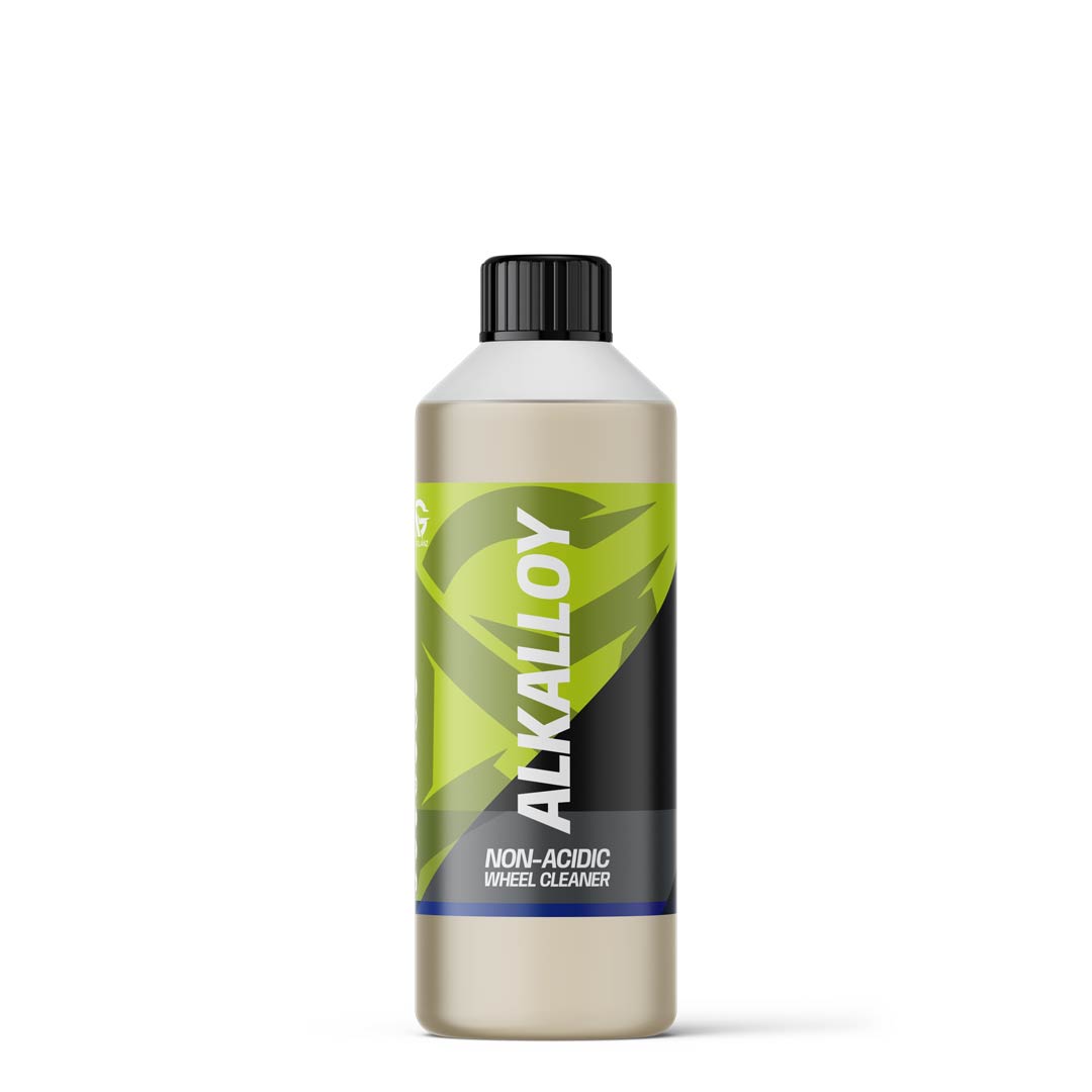 A bottle of Alkalloy Non-Acidic Wheel Cleaner with a black cap, featuring a metallic silver bottle and a green and black label, set against a plain white background.