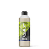 A bottle of Alkalloy Non-Acidic Wheel Cleaner with a black cap, featuring a metallic silver bottle and a green and black label, set against a plain white background.