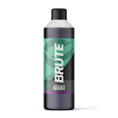 A bottle of BRUTE Contactless Wash cleaner with a black cap, featuring a black and green label with white text, on a clean white background.