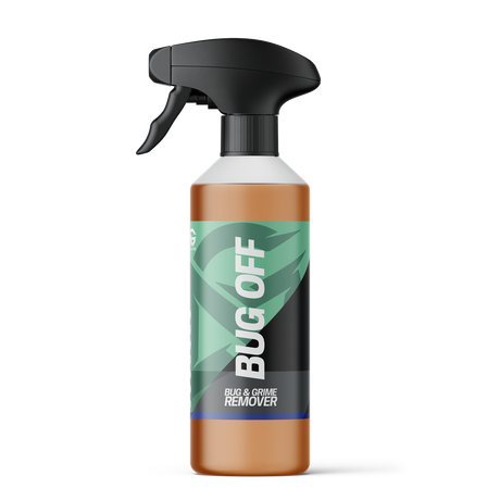 A bottle with a trigger of bug and grime remover on a white background