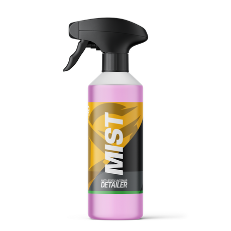 A spray bottle of Mist Interior Detailer with a black trigger sprayer and a pink liquid and a gold label, shown on a white background.