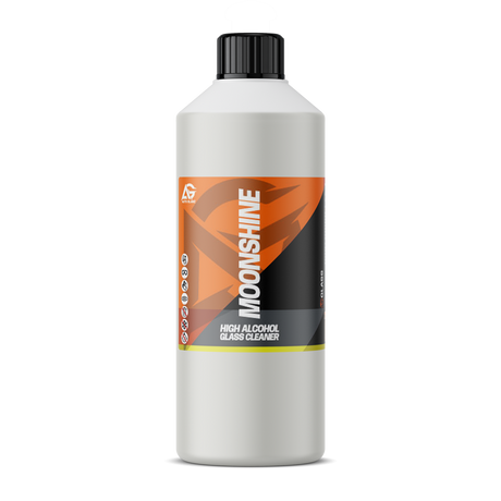 A bottle of Moonshine glass cleaner on a white background