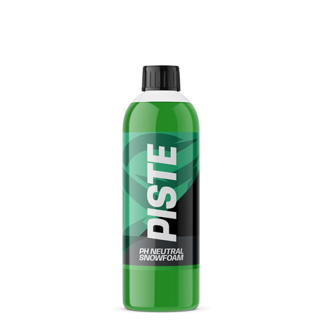 A bottle of Piste PH Neutral Snowform, featuring a bright green liquid inside a translucent bottle with a black cap and a black-and-green label.