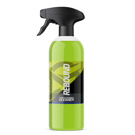 A bottle of REBOUND Type & Rubber Cleaner with a bright lime green liquid, a black spray trigger top, and a black and yellow label, shown on a plain white background.