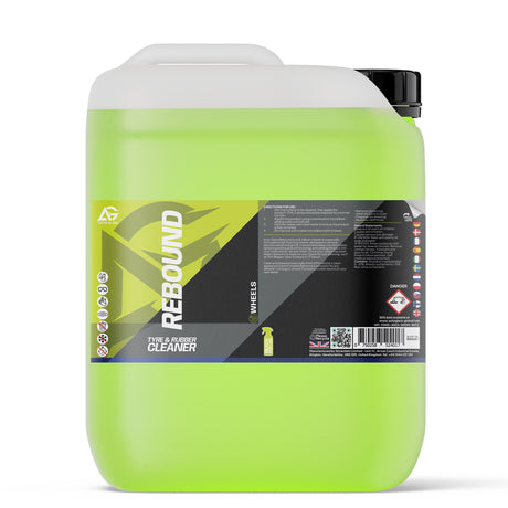 A large plastic container of Rebound Tyre & Rubber Cleaner, filled with bright neon green liquid, featuring a black and yellow label with product details
